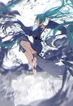  absurdly_long_hair absurdres ajahweea anklet barefoot belt blue_dress blue_hair closed_eyes dress floating_hair from_side full_body hair_between_eyes hair_ornament hatsune_miku highres jewelry long_hair smile solo twintails very_long_hair vocaloid 