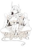  bangs breast_hold breasts demon_horns demon_tail eyebrows_visible_through_hair feathered_wings fujy greyscale hair_between_eyes highleg highleg_leotard highres horns large_breasts leotard long_hair looking_at_viewer monochrome navel sennen_sensou_aigis shoes shoulder_armor simple_background solo sophie_(sennen_sensou_aigis) spaulders squatting tail tareme thighhighs vambraces white_background wings 