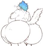  amad_no_moto anthro bent_over big_breasts big_butt blue_hair blush breasts butt canine crouching dog female fur hair huge_breasts huge_butt mammal nude overweight simple_background solo 