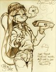  anthro clothed clothing female food hair hat hoodie king-cheetah lizard long_hair monochrome pants reptile scalie simple_background sketch smile solo spots standing teela_smothers text white_background 