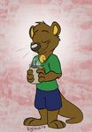  beverage black_nose brown_fur clothed clothing coffee cup eyes_closed fur mammal mustelid otter shirt shorts simple_background standing t-shirt whiskers xylious 