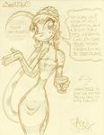  anthro breasts cleavage clothed clothing dress female gloves hair king-cheetah lizard monochrome reptile scalie simple_background sketch solo spots standing teela_smothers text white_background 