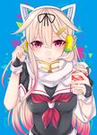 animal_ears black_ribbon black_shirt blonde_hair blue_background breasts cat_ears cream cream_on_face fake_animal_ears food food_on_face hair_between_eyes hair_ribbon headphones index_finger_raised kantai_collection long_hair looking_at_viewer medium_breasts multicolored_hair neckerchief pink_hair red_eyes red_neckwear remodel_(kantai_collection) ribbon scarf school_uniform shiny shiny_clothes shirt shisei_(kyuushoku_banchou) short_sleeves simple_background solo standing two-tone_hair upper_body very_long_hair white_scarf yuudachi_(kantai_collection) 