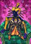  90s airazor artist_name beast_wars black_eyes blackarachnia blush breasts cleavage commentary_request couch floral_background floral_print green_eyes highres insect_girl insignia large_breasts lips looking_at_viewer maximal mecha multiple_girls no_humans oldschool on_couch one_eye_closed open_mouth personification predacon robot sidelocks sitting smile sparkle spider_girl standing tack_(dnet) transformers wings 