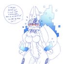  anthro blush bow_tie breasts canine data_(wouhlven) dialogue digimon english_text eyewear fan_character featureless_breasts featureless_crotch female glasses kyubimon mammal monochrome multi_tail navel nude simple_background solo text thick_thighs white_background wouhlven 