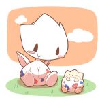  2018 blush_sticker cloud duo eyes_closed feral grass nettsuu nintendo pok&eacute;mon pok&eacute;mon_(species) sitting smile togepi togetic video_games wings 