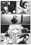  bow braid comic detached_sleeves dress flower greyscale gun hair_bow hair_flower hair_ornament hair_tubes hakurei_reimu handgun hat hieda_no_akyuu highres japanese_clothes kimono kirisame_marisa long_hair mendou_saya monochrome multiple_girls shawl short_hair single_braid touhou translated weapon wide_sleeves witch_hat 