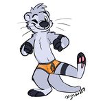  anthro boxers_(clothing) bulge clothing fur grey_fur male mammal mustelid one_eye_closed otter pawpads simple_background solo standing underwear whiskers xylious 