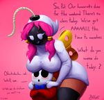  &lt;3 2017 big_breasts blush bob-omb boob_hat bow_tie breasts dialogue english_text eyelashes female hair humanoid hybrid larger_female male mario_bros mask mataknight nintendo outta_sync pat_(outta_sync) pink_background pink_hair shy-bomb shygirl shyguy simple_background size_difference smaller_male smile text video_games wind-up_key 