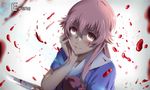 artist_name blood blood_on_face bloody_knife blue_shirt bow bowtie chin_rest collarbone eyebrows_visible_through_hair gasai_yuno hair_between_eyes highres holding holding_knife knife long_hair mirai_nikki pink_bow pink_hair pink_neckwear shirt smile solo upper_body uu_(pixiv11319066) 