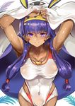  animal_ears armpits arms_up breasts covered_navel dark_skin facial_mark fate/grand_order fate_(series) hairband himuro_(dobu_no_hotori) jackal_ears long_hair looking_at_viewer medium_breasts nitocris_(fate/grand_order) nitocris_(swimsuit_assassin)_(fate) one-piece_swimsuit purple_eyes purple_hair smile solo sweat swimsuit white_swimsuit 