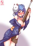  blue_eyes blue_hair breasts collarbone commentary_request dated double_bun gun highres japanese_clothes kanon_(kurogane_knights) kantai_collection kimono large_breasts licking looking_at_viewer off_shoulder rifle saliva saliva_trail sexually_suggestive tongue urakaze_(kantai_collection) weapon yukata 