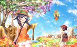  1girl arm_up awayuki_watai backpack bad_id bad_pixiv_id bag black_hair blue_eyes blue_sky braid cloud day flower gen_7_pokemon handbag hat hat_flower hibiscus holding holding_poke_ball mizuki_(pokemon) orange_shirt outdoors petals poke_ball pokemon pokemon_(creature) pokemon_(game) pokemon_usum shirt sky standing tapu_koko you_(pokemon) 