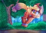  2017 applejack_(mlp) bound cowboy_hat cutie_mark day earth_pony equine eyelashes female feral freckles friendship_is_magic grass green_eyes hat hi_res horse mammal my_little_pony outside pony solo thediscorded tree 