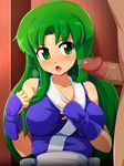  1girl blush breasts ganbare_goemon gloves green_eyes green_hair konpeto large_breasts long_hair ninja penis penis_awe yae_(ganbare_goemon) 