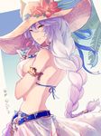  animal_ears armlet ass braid breasts cat_ears closed_mouth commentary_request cowboy_shot cup drinking_glass ears_through_headwear erune flower from_side granblue_fantasy hair_between_eyes hair_tubes hat hat_flower heles hibiscus highres long_hair looking_at_viewer looking_to_the_side medium_breasts sarong seba_tacrow silver_hair single_braid smile solo straw_hat very_long_hair yellow_eyes 