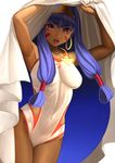  armpits blue_hair blush breasts covered_navel dark_skin facial_mark fate/grand_order fate_(series) hairband highres long_hair looking_at_viewer medium_breasts nitocris_(fate/grand_order) nitocris_(swimsuit_assassin)_(fate) one-piece_swimsuit open_mouth pink_eyes solo standing swimsuit white_swimsuit yamaneko_(tkdrumsco) 