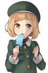  beret blonde_hair blush child coat dark_fuu fate/grand_order fate_(series) food gloves green_coat hat highres licking looking_at_viewer paul_bunyan_(fate/grand_order) popsicle short_hair smile solo tongue tongue_out upper_body yellow_eyes 