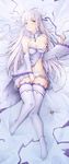  bed_sheet between_legs breasts choker cleavage closed_mouth convenient_censoring covering covering_crotch dakimakura detached_sleeves emilia_(re:zero) flower from_above full_body groin hair_flower hair_ornament hand_between_legs hd-hlh-3h highres long_hair looking_at_viewer lying medium_breasts midriff miniskirt no_shoes on_back pleated_skirt pointy_ears purple_eyes re:zero_kara_hajimeru_isekai_seikatsu shirt silver_hair skirt solo stomach thighhighs torn_clothes torn_shirt torn_skirt very_long_hair white_flower white_legwear white_shirt white_skirt 