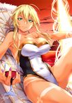  ahoge armpits artist_name artoria_pendragon_(all) artoria_pendragon_(lancer) bangs beach beach_chair blonde_hair braid breasts cleavage cloud collarbone covered_navel cup cupping_glass drinking_glass fate/grand_order fate_(series) fingernails french_braid gold_trim green_eyes hair_between_eyes holding holding_cup knee_up large_breasts lips looking_at_viewer nail_polish one-piece_swimsuit purple_nails sakiyamama sitting sky smile solo strapless strapless_swimsuit sunset swimsuit tan tanline two-tone_swimsuit wine_glass 