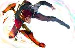  akagi_asahito blurry clenched_hand clenched_teeth commentary_request damaged flying full_body hair_between_eyes hair_strand highres jacket kazuma_(scryed) looking_at_viewer male_focus orange_armor pants power_fist red_hair scryed shirt solo spiked_hair teeth white_background 