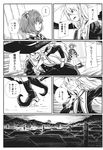  bell braid comic dress greyscale hair_bell hair_ornament hat highres japanese_clothes kimono kirisame_marisa long_hair mendou_saya monochrome motoori_kosuzu multiple_girls short_hair short_twintails single_braid touhou translated twintails two_side_up witch_hat 