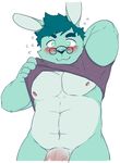  2017 :3 abs anthro athletic biped black_nose blush bottomless clothed clothing clothing_lift eyebrows eyewear flaccid flying_sweatdrops fur glasses green_eyes green_fur hand_behind_head humanoid_penis lagomorph looking_at_viewer male mammal multicolored_fur navel nipples partially_clothed pecs penis pink_nipples pink_penis presenting rabbit sheeporwolf shirt shirt_lift simple_background slightly_chubby solo standing stocky sweat sweatdrop teal_hair two_tone_fur vein white_background white_fur 