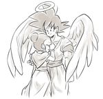  1girl black_eyes bracelet chi-chi_(dragon_ball) chinese_clothes closed_eyes couple crying dougi dragon_ball dragon_ball_z frown greyscale halo jewelry looking_at_another monochrome simple_background smile son_gokuu tears tied_hair tkgsize white_background wings 
