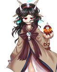  androgynous black_hair candle fangs fire flame ghost ghost_tail hairband highres horns jandare japanese_clothes kimono lamp len'en looking_at_viewer mouth_hold red_eyes short_hair solo taira_no_chouki 
