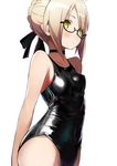  absurdres artoria_pendragon_(all) black-framed_eyewear black_swimsuit blonde_hair blush braid breasts choker competition_swimsuit covered_navel cowboy_shot empty_eyes fate/grand_order fate_(series) fine_fabric_emphasis glasses hair_bun highres light_brown_hair mysterious_heroine_x_(alter) one-piece_swimsuit perky_breasts semi-rimless_eyewear shimejinameko shiny shiny_clothes short_hair simple_background small_breasts solo swimsuit under-rim_eyewear white_background yellow_eyes 