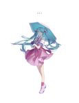  ankle_boots aqua_eyes aqua_hair bangs boots closed_mouth copyright_name dress eyebrows_visible_through_hair floating_hair full_body hatsune_miku highres holding holding_umbrella long_hair looking_at_viewer melt_(vocaloid) pink_dress pink_footwear puffy_short_sleeves puffy_sleeves purple_legwear short_sleeves simple_background smile socks solo song_name spencer_sais standing translated tsurime twintails umbrella very_long_hair vocaloid white_background 