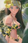  aqua_eyes bikini black_bikini breasts brown_hair flower hair_flower hair_ornament highres jewelry long_hair looking_at_viewer medium_breasts necklace original outdoors palm_tree ryan_tien solo swimsuit tree 