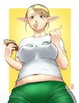  asymmetrical_bangs bangs belly belly_peek blonde_hair border braid breasts covered_nipples dated eating elf elf-san_wa_yaserarenai. erufuda-san eyebrows_visible_through_hair food food_in_mouth food_on_face french_braid french_fries from_below green_eyes highres holding holding_food large_breasts looking_at_viewer midriff pants plump pointy_ears shirt short_hair short_sleeves solo t-shirt taikyokuturugi track_pants white_border yellow_background 