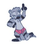  3_toes 4_fingers anthro boxers_(clothing) clothing eyes_closed fur grey_fur male mammal mustelid otter pawpads simple_background solo toes underwear xylious 