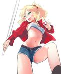  belt blonde_hair breasts commentary_request denim denim_shorts fangs fate/apocrypha fate_(series) from_below green_eyes jacket medium_breasts midriff mordred_(fate) mordred_(fate)_(all) mozu_(peth) ponytail red_jacket short_shorts shorts solo 