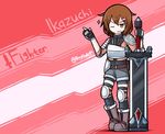  ;) armor belt belt_buckle black_gloves boots breastplate broadsword brown_belt brown_footwear brown_hair buckle character_name commentary cross-laced_footwear dungeons_and_dragons fingerless_gloves fur-trimmed_boots fur_trim gem gloves hair_ornament hairclip highres holding holding_sword holding_weapon ikazuchi_(kantai_collection) kantai_collection lace-up_boots looking_at_viewer one_eye_closed parted_lips raythalosm short_hair shoulder_armor smile solo sparkle sword twitter_username weapon 