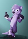  3_toes 4_fingers fur male mammal mustelid otter purple_eyes purple_fur simple_background solo standing toes whiskers xylious 