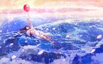  absurdres afloat arm_up balloon bare_arms bare_legs barefoot black_hair closed_mouth commentary_request day dress gemi highres holding holding_balloon long_hair looking_away lying ocean on_back outdoors partially_submerged shore short_sleeves solo waves white_dress 