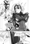  &gt;_&lt; :d anger_vein angry armor armored_dress artoria_pendragon_(all) artoria_pendragon_(lancer) between_breasts blush braid breast_grab breasts bursting_breasts chain cleavage closed_eyes comic commentary english_commentary fang fate/apocrypha fate/grand_order fate_(series) gauntlets grabbing grabbing_from_behind greyscale head_between_breasts headpiece highres huge_breasts jeanne_d'arc_(alter)_(fate) jeanne_d'arc_(fate)_(all) kengzeta large_breasts monochrome mordred_(fate) mordred_(fate)_(all) multiple_girls nose_blush open_mouth ponytail shocked_eyes smile surprised xd 