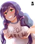  artist_name blush breasts clenched_teeth grabbing green_eyes hair_ornament hair_scrunchie highres large_breasts leaning_forward long_hair looking_at_viewer love_live! love_live!_school_idol_project mega_milk meme meme_attire mr_takealook purple_hair scrunchie self_fondle shirt simple_background smile solo standing teeth toujou_nozomi twintails upper_body white_background 