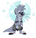  3_toes 4_fingers anthro clothing fur grey_fur male mammal mustelid otter shorts simple_background solo tired toes whiskers xylious 