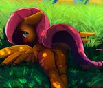  2017 anus blush butt cutie_mark dock equine feathered_wings feathers female feral fluttershy_(mlp) friendship_is_magic hair hi_res looking_at_viewer lying mammal miokomata my_little_pony open_mouth outside pegasus pussy solo wings 