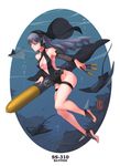  black_hair black_swimsuit blue_eyes character_name commentary_request headphones highres holding holding_weapon jewelry long_hair one-piece_swimsuit pacific see-through signature sima_naoteng skindentation swimsuit thigh_strap underwater uss_batfish_(ss-310) weapon 