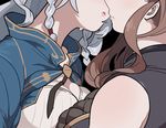  bare_shoulders black_background braid breasts brown_hair close-up emu_(eomou) granblue_fantasy head_out_of_frame imminent_kiss large_breasts long_hair multiple_girls silva_(granblue_fantasy) song_(granblue_fantasy) white_hair yuri 
