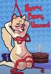  &lt;3 2016 anthro arms_tied bdsm bedroom_eyes belly biped birthday birthday_cake black_nose blue_background blush bondage bound breast_squish breasts brown_fur brown_hair cake candle canine cheek_tuft countershade_torso countershading digital_drawing_(artwork) digital_media_(artwork) dog english_text eyelashes female fluffy fluffy_tail food fur gift hair half-closed_eyes halftone_background hands_behind_head head_tuft inner_ear_fluff kneeling looking_at_viewer looking_pleasured mammal medium_breasts multicolored_fur navel nude pattern_background pink_tongue psarius pussy ribbon_bondage ribbons seductive shadow short_hair simple_background sitting slim small_waist solo text tongue tongue_out tuft two_tone_fur wariza white_countershading white_fur white_pussy 