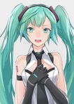  aqua_eyes aqua_hair bangs bare_shoulders black_gloves black_neckwear breasts cancell commentary elbow_gloves gloves grey_background hands_on_own_chest hands_together hatsune_miku highres long_hair looking_at_viewer medium_breasts necktie open_mouth shirt simple_background sleeveless sleeveless_shirt smile solo twintails upper_body vocaloid white_shirt 