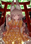  :3 animal_ears bag blush candy_apple child eyebrows_visible_through_hair fireworks fish floral_print food fox_ears fox_tail frilled_skirt frills goldfish highres holding japanese_clothes kimono light_brown_hair light_particles long_sleeves looking_at_viewer multiple_tails night noa_(nagareboshi) obi original outdoors parted_lips plastic_bag red_eyes sash skirt slit_pupils solo tail torii yukata 