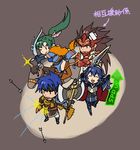  2girls armor armored_boots axe blue_eyes blue_hair boots bow_(weapon) brown_eyes brown_hair check_translation chibi closed_eyes collarbone cosplay dress earrings fingerless_gloves fire_emblem fire_emblem:_kakusei fire_emblem:_rekka_no_ken fire_emblem:_souen_no_kiseki fire_emblem_heroes fire_emblem_if gameplay_mechanics gloves green_eyes green_hair greil greil_(cosplay) headband high_ponytail horse ike jewelry kita_senri long_hair lucina lyndis_(fire_emblem) multiple_boys multiple_girls one_eye_closed open_mouth ponytail red_armor ryouma_(fire_emblem_if) short_hair smile spiked_hair sword translation_request very_long_hair weapon 