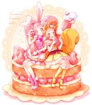  animal_ears arisugawa_himari boots brown_eyes brown_hair bunny_ears cake cake_hair_ornament cure_custard cure_whip elbow_gloves extra_ears food food_themed_hair_ornament fruit gloves hair_ornament highres kirakira_precure_a_la_mode long_hair looking_at_viewer magical_girl multiple_girls pekorin_(precure) piano_(mymel0v) pink_eyes pink_footwear pink_hair precure sitting smile squirrel_ears squirrel_tail strawberry strawberry_shortcake tail twintails usami_ichika v white_gloves 