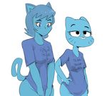  2017 anthro blue_eyes blue_fur blue_hair bottomless breasts cartoon_network cat clothed clothing covering covering_crotch dbaru digital_media_(artwork) duo english_text eyelashes feline female fur hair half-closed_eyes hand_on_hip innuendo mammal nicole_watterson parody pose shirt simple_background standing text the_amazing_world_of_gumball whiskers white_background zeigram 